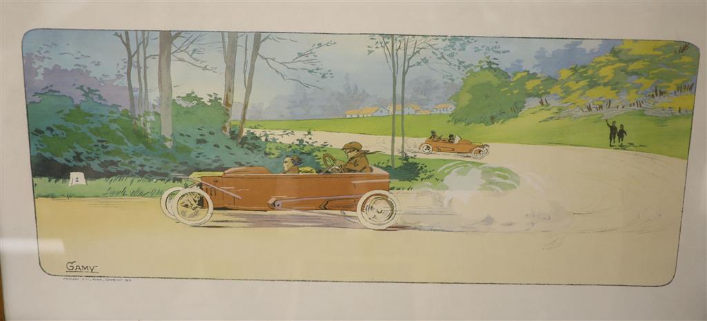 A pair of colour reprints after Gamy of early 20th century motoring scenes including Targa Florio 1913, 43 x 87cm